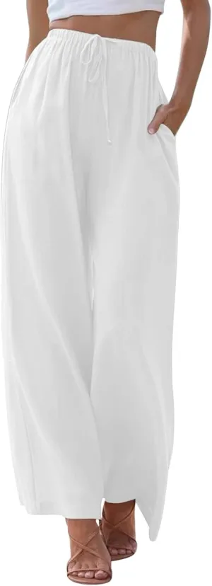 2024 Women High Waisted Wide Leg Pants Dressy Fashion Drawstring Elastic Trousers Comfy Straight Leg Long Pants with Pocket