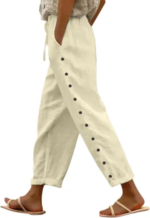 2025 Summer Linen Pants for Women Straight Leg Side Button Casual Pant Women Baggy Elastic Waist Trousers with Pocket