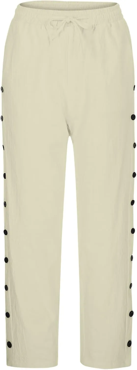 2025 Summer Linen Pants for Women Straight Leg Side Button Casual Pant Women Baggy Elastic Waist Trousers with Pocket