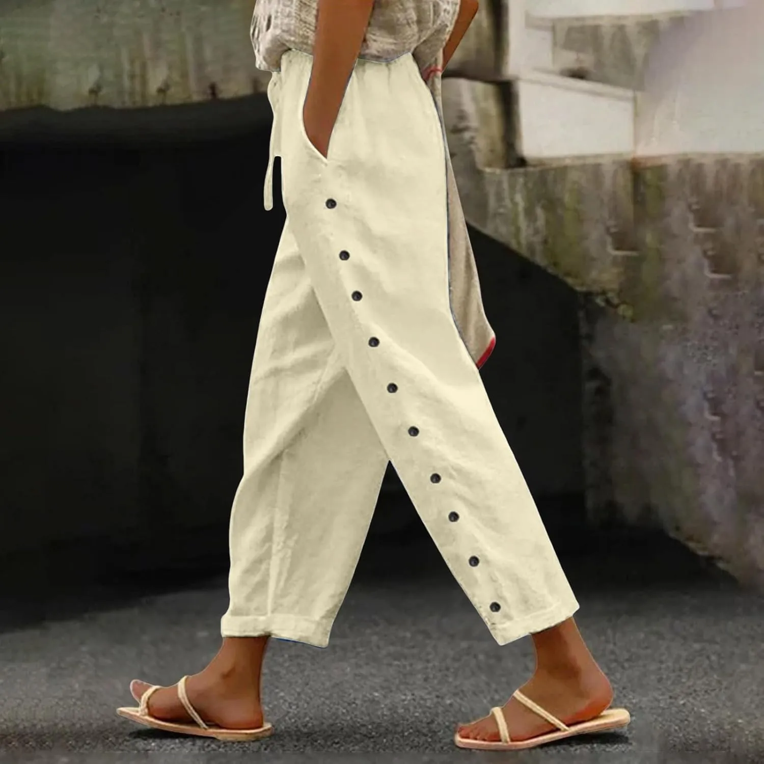 2025 Summer Linen Pants for Women Straight Leg Side Button Casual Pant Women Baggy Elastic Waist Trousers with Pocket