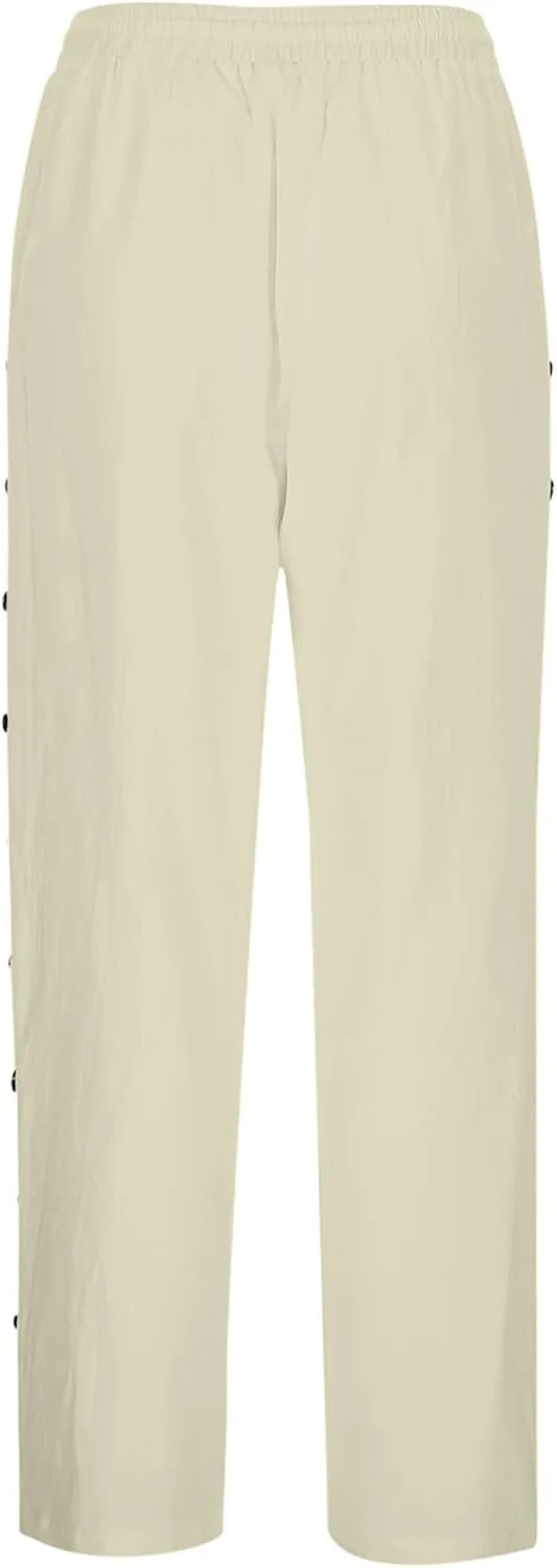 2025 Summer Linen Pants for Women Straight Leg Side Button Casual Pant Women Baggy Elastic Waist Trousers with Pocket