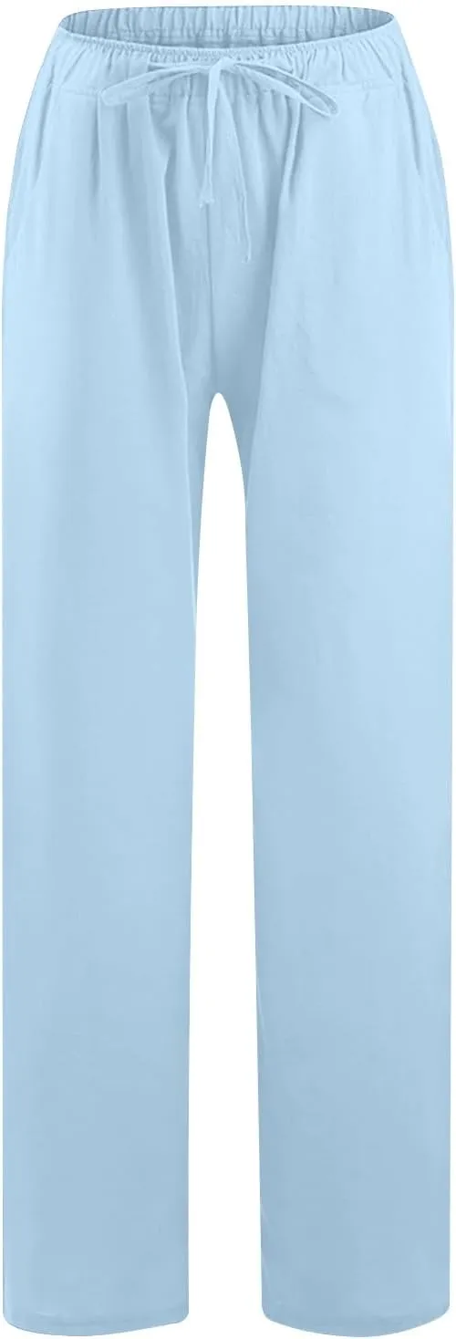 2025 Summer Outfits for Women - Womens Casual Loose Linen Pants Plain Solid High Waisted Drawstring Trousers