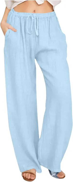 2025 Summer Outfits for Women - Womens Casual Loose Linen Pants Plain Solid High Waisted Drawstring Trousers