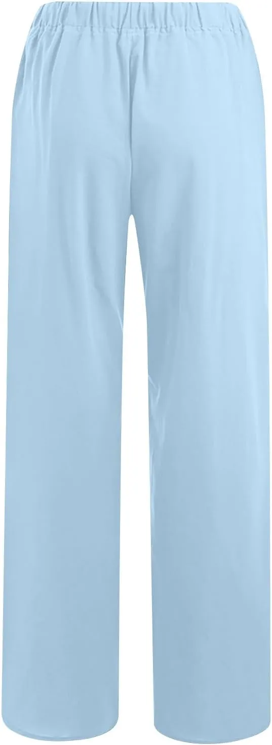 2025 Summer Outfits for Women - Womens Casual Loose Linen Pants Plain Solid High Waisted Drawstring Trousers