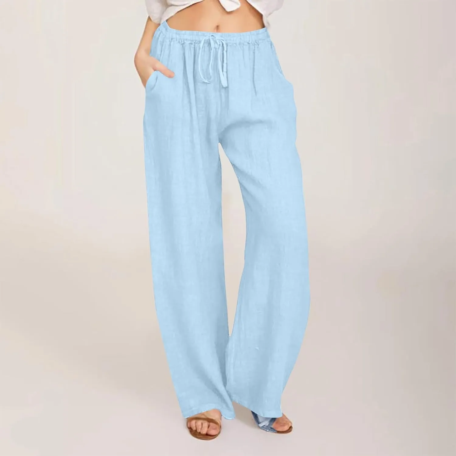 2025 Summer Outfits for Women - Womens Casual Loose Linen Pants Plain Solid High Waisted Drawstring Trousers