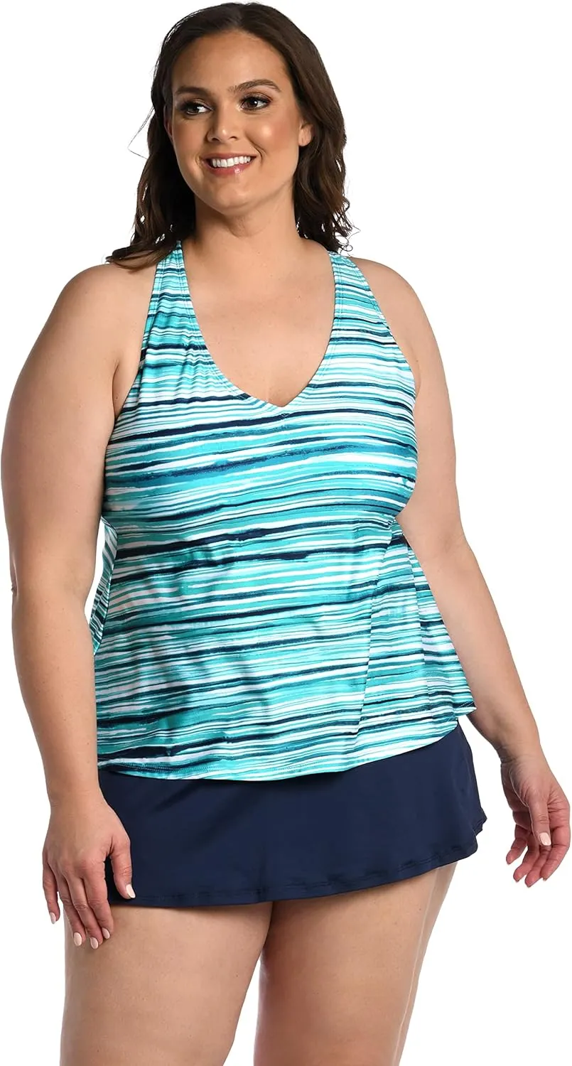 24th & Ocean Women's Blue Tropical Leaves Crisscross Scoop Neck Sleeveless Tankini Top