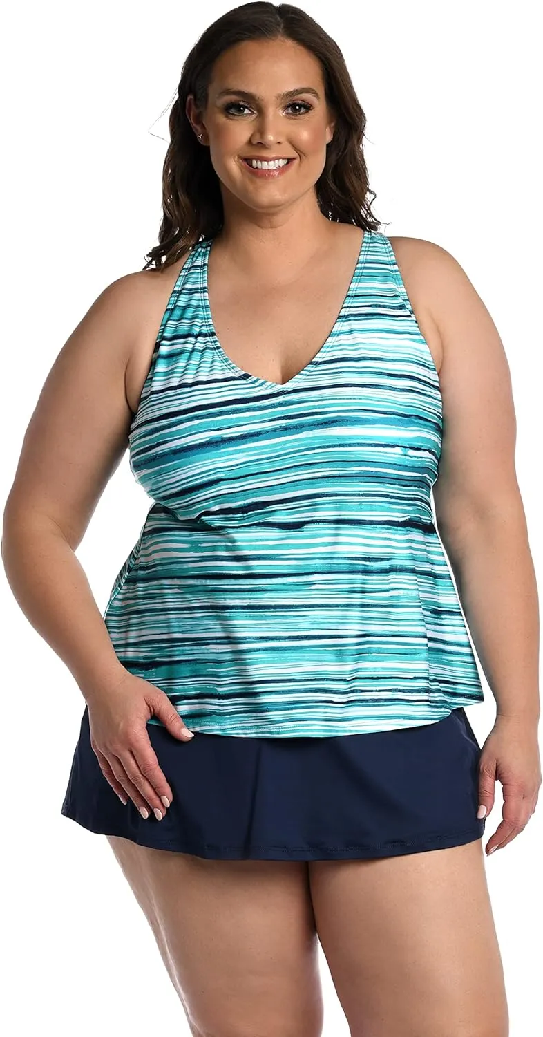 24th & Ocean Women's Blue Tropical Leaves Crisscross Scoop Neck Sleeveless Tankini Top