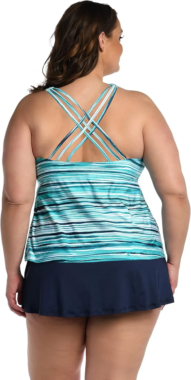 24th & Ocean Women's Blue Tropical Leaves Crisscross Scoop Neck Sleeveless Tankini Top