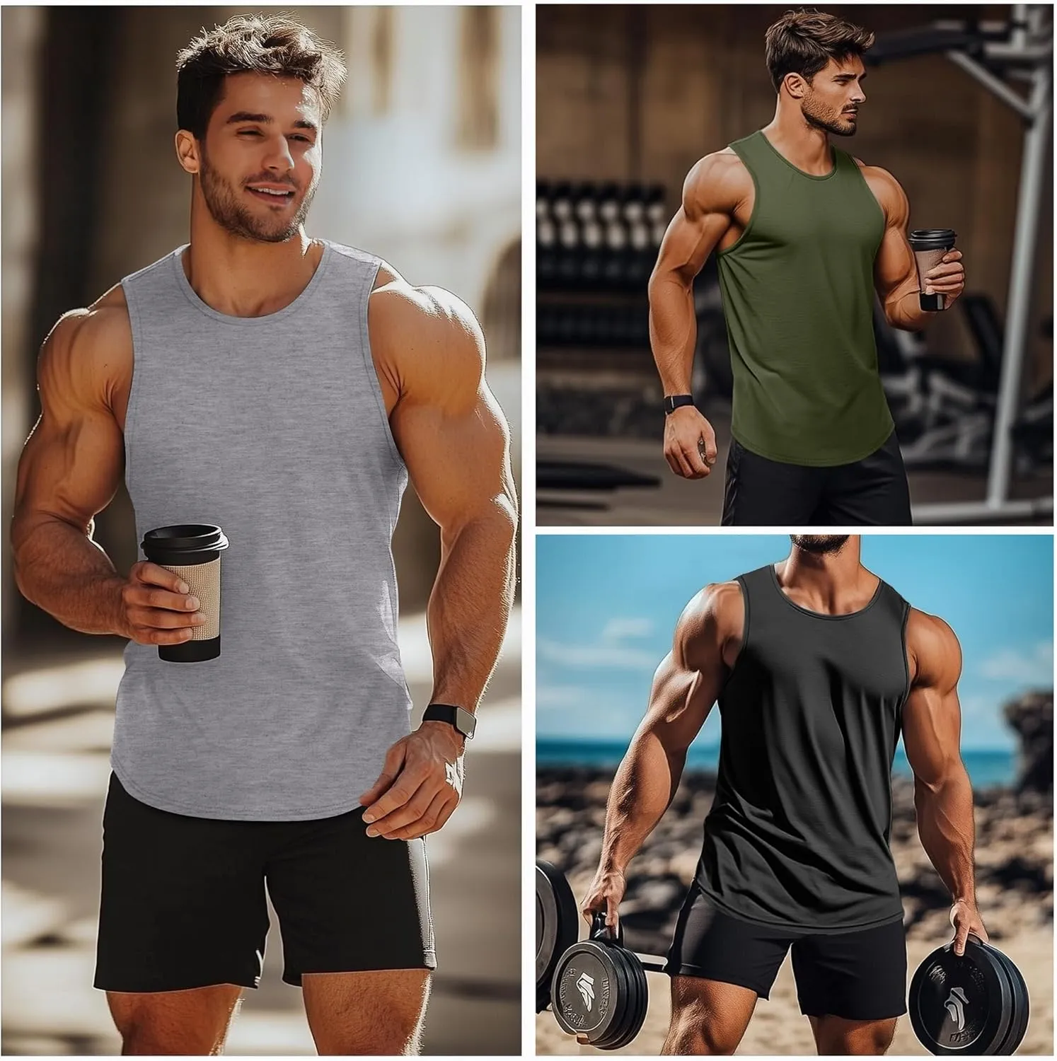 3 Pack Big and Tall Cotton Men's Tank Tops Plus Size Workout Sleeveless Tee Shirts Crew Neck Muscle Shirts L-5XL