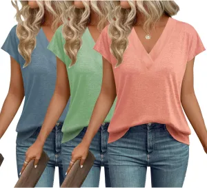 3 Pack Womens Tops V Neck Cap Sleeve T-Shirts Summer Beach Vacation Clothes 2025 Spring Casual Outfits Fashion Basic Tee