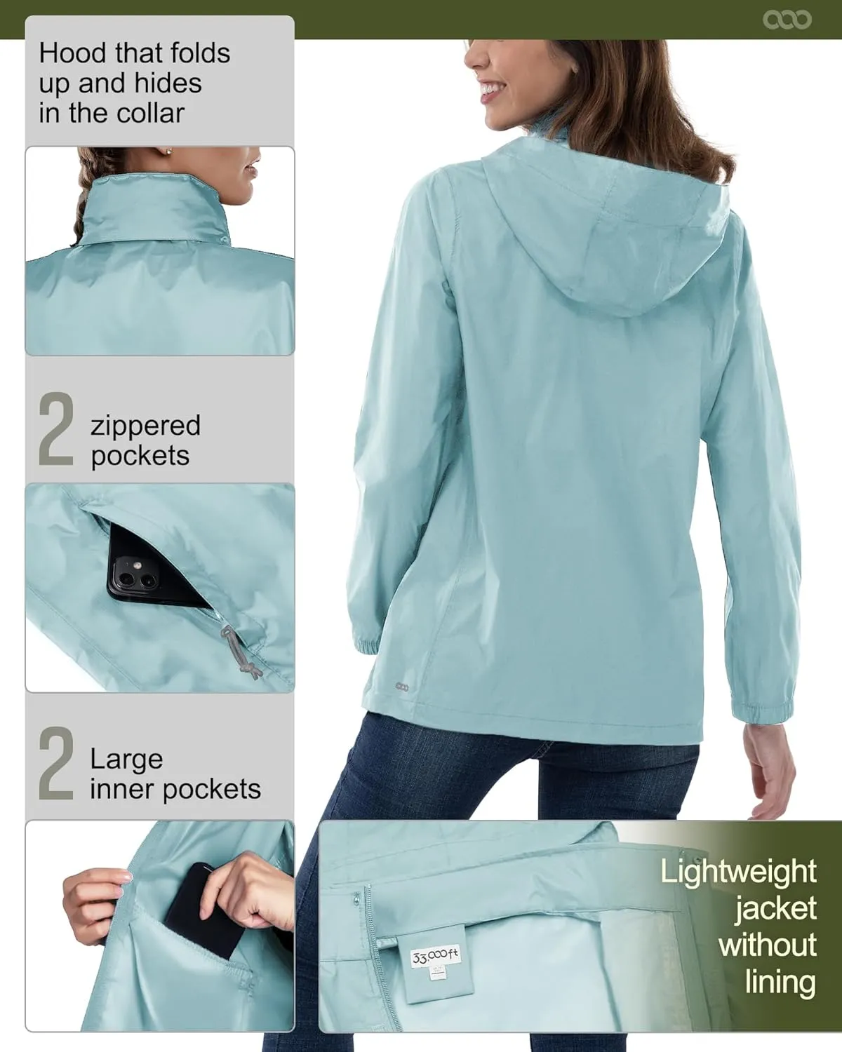 33,000ft Women's Rain Jacket Waterproof Lightweight Packable Raincoat with Hood for Golf Hiking Travel Windbreaker