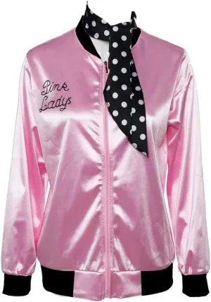 50s Ladys Pink Satin Jacket Halloween Cosplay Costume Pink Jacket with Neck Scarf