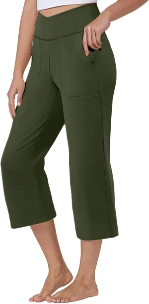 ADHOWBEW Capri Pants for Women Drawstring Flowy High Waist Wide Leg Dressy Trendy Summer Cotton Comfy Slacks with Pockets