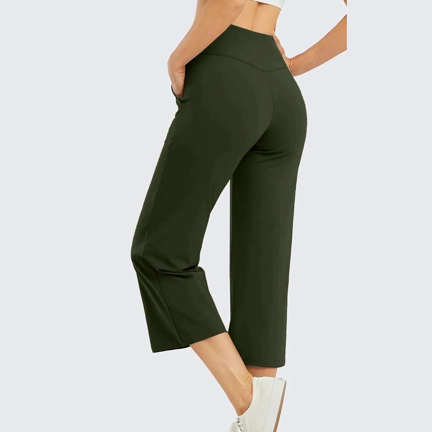 ADHOWBEW Capri Pants for Women Drawstring Flowy High Waist Wide Leg Dressy Trendy Summer Cotton Comfy Slacks with Pockets