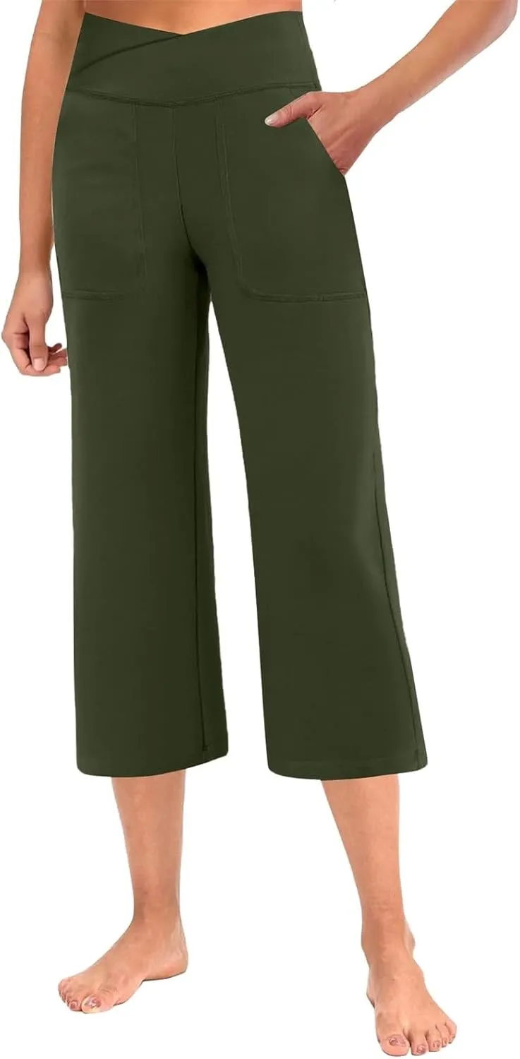 ADHOWBEW Capri Pants for Women Drawstring Flowy High Waist Wide Leg Dressy Trendy Summer Cotton Comfy Slacks with Pockets