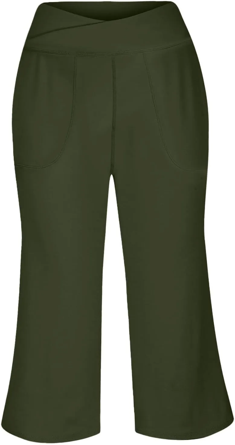 ADHOWBEW Capri Pants for Women Drawstring Flowy High Waist Wide Leg Dressy Trendy Summer Cotton Comfy Slacks with Pockets