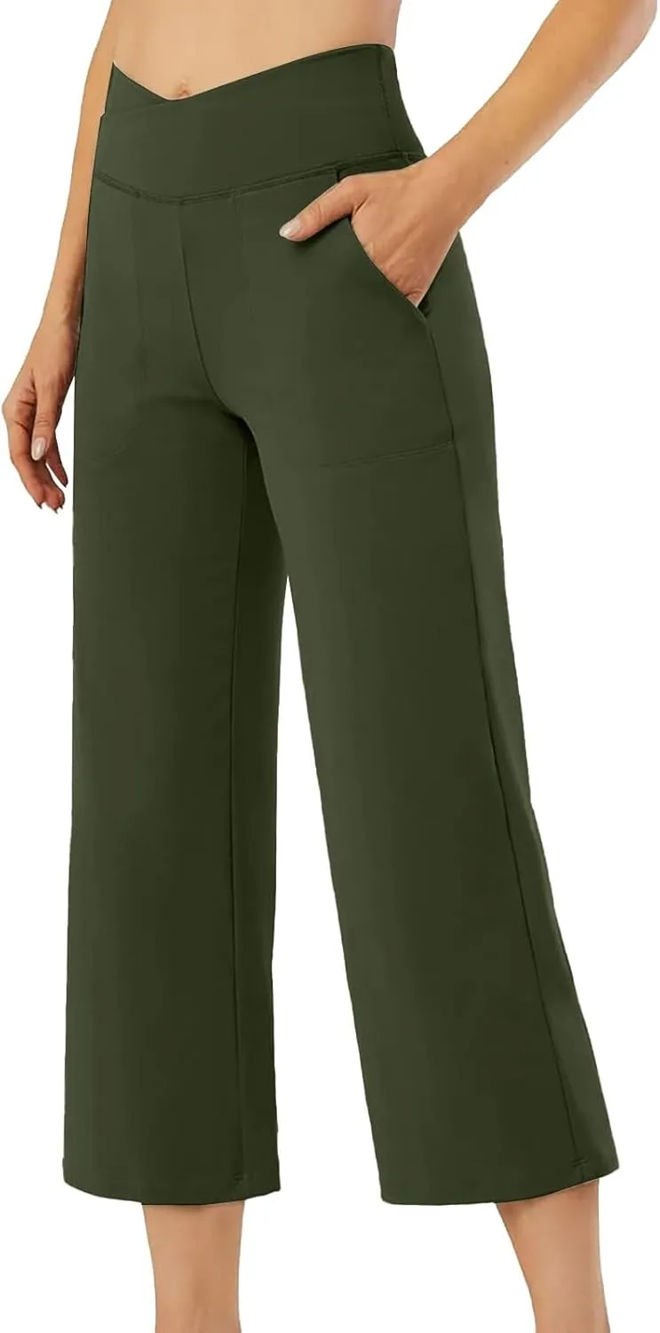 ADHOWBEW Capri Pants for Women Drawstring Flowy High Waist Wide Leg Dressy Trendy Summer Cotton Comfy Slacks with Pockets
