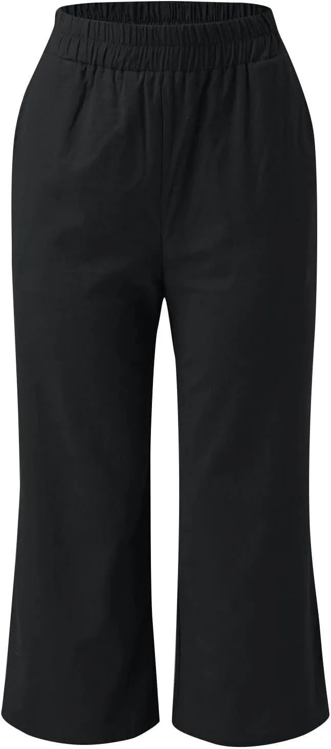 ADHOWBEW Linen Capri Pants for Women Lounge Flowy Wide Leg Summer High Waist Trendy Dressy Comfy Casual Slacks with Pockets