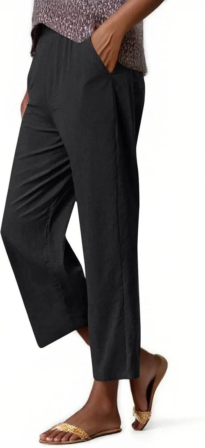 ADHOWBEW Linen Capri Pants for Women Lounge Flowy Wide Leg Summer High Waist Trendy Dressy Comfy Casual Slacks with Pockets