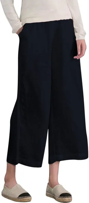 ADHOWBEW Linen Capri Pants for Women Lounge Flowy Wide Leg Summer High Waist Trendy Dressy Comfy Casual Slacks with Pockets