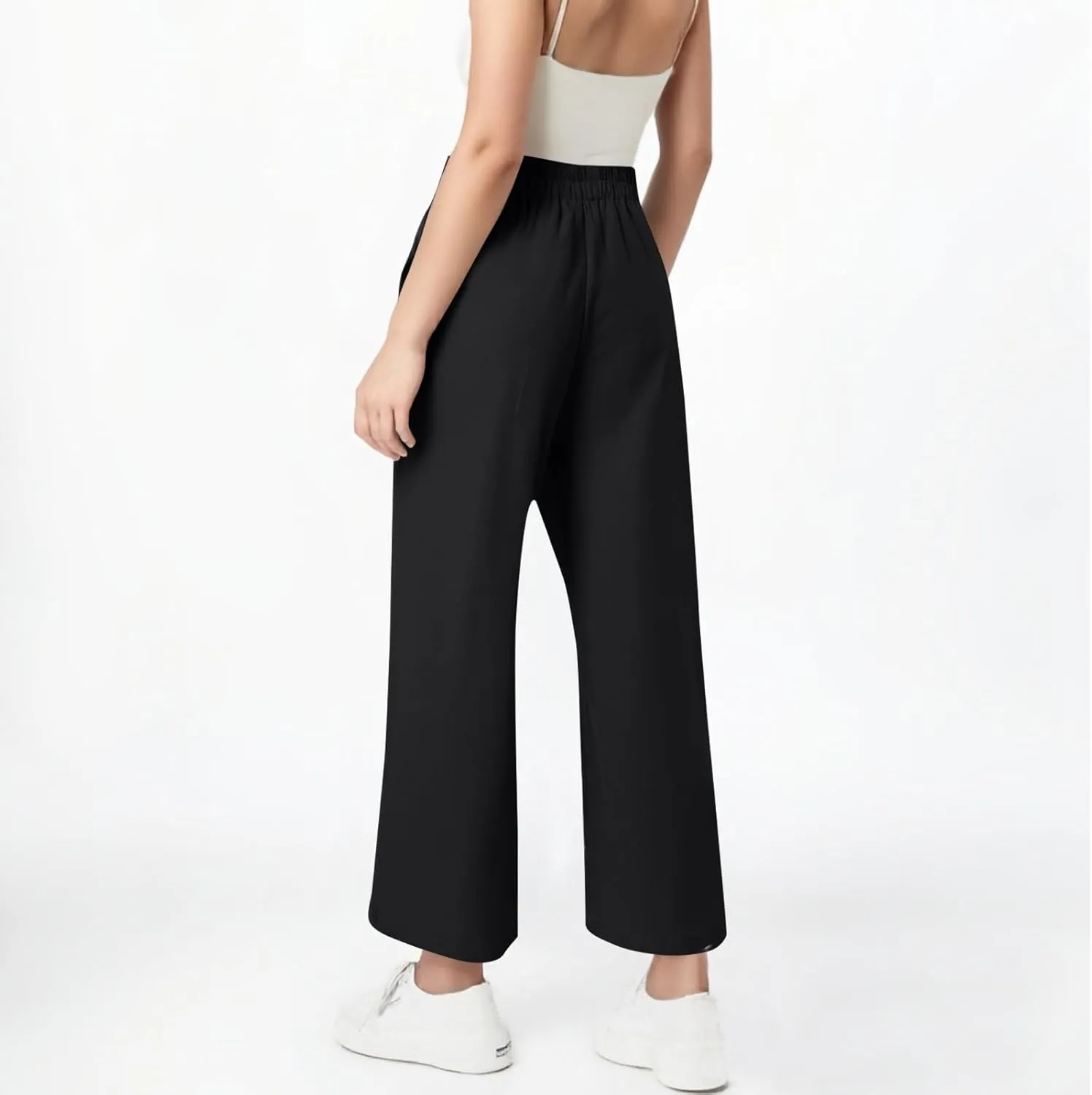 ADHOWBEW Linen Capri Pants for Women Lounge Flowy Wide Leg Summer High Waist Trendy Dressy Comfy Casual Slacks with Pockets