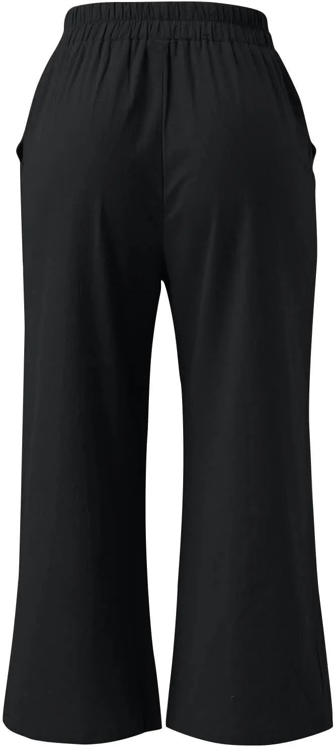 ADHOWBEW Linen Capri Pants for Women Lounge Flowy Wide Leg Summer High Waist Trendy Dressy Comfy Casual Slacks with Pockets