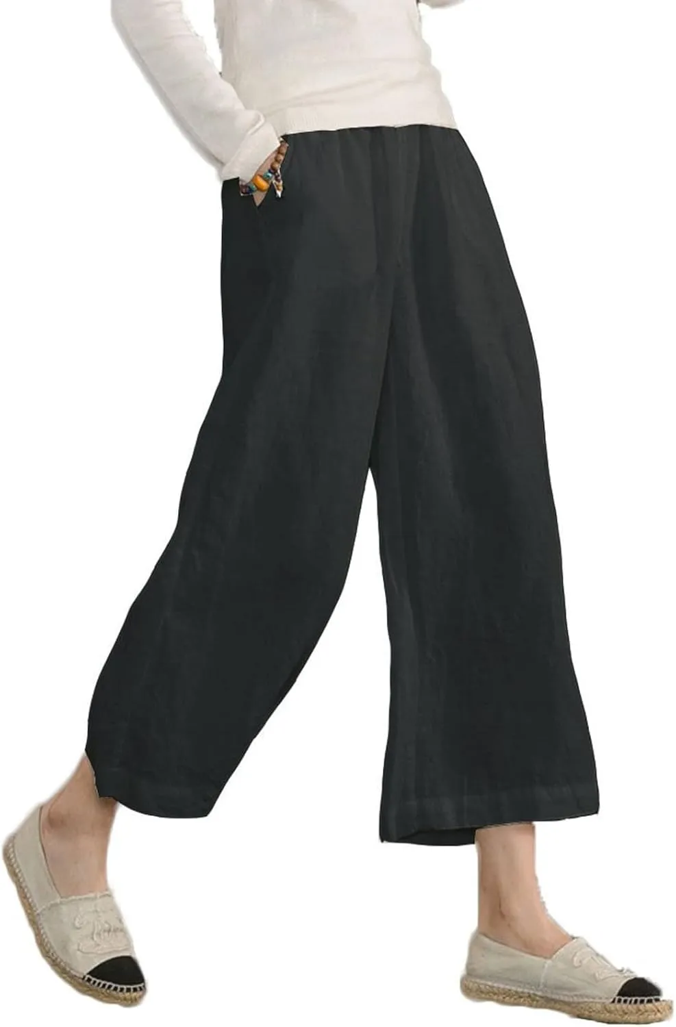 ADHOWBEW Linen Capri Pants for Women Lounge Flowy Wide Leg Summer High Waist Trendy Dressy Comfy Casual Slacks with Pockets