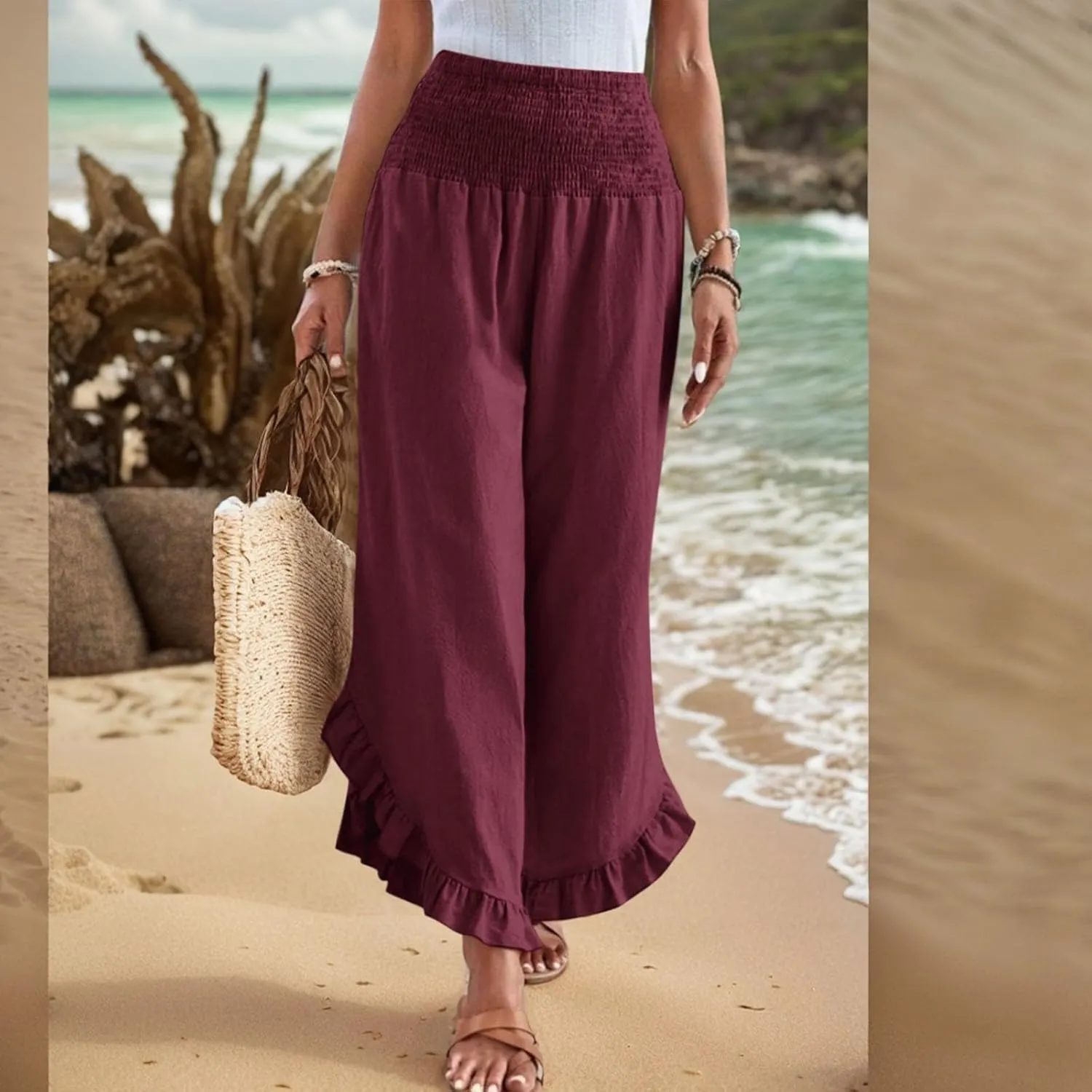 ADHOWBEW Linen Pants for Women Work High Waisted Lounge Plus Size Stretch Cotton Casual Dressy Flowy Pants Bottoms