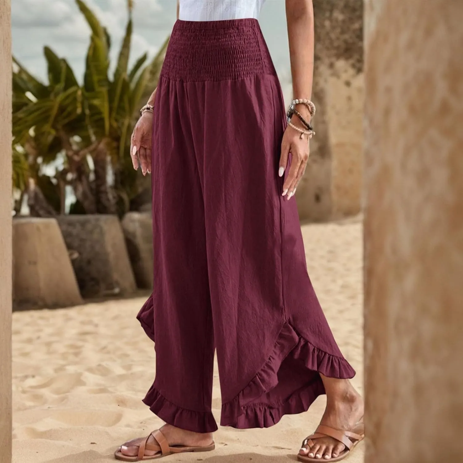 ADHOWBEW Linen Pants for Women Work High Waisted Lounge Plus Size Stretch Cotton Casual Dressy Flowy Pants Bottoms