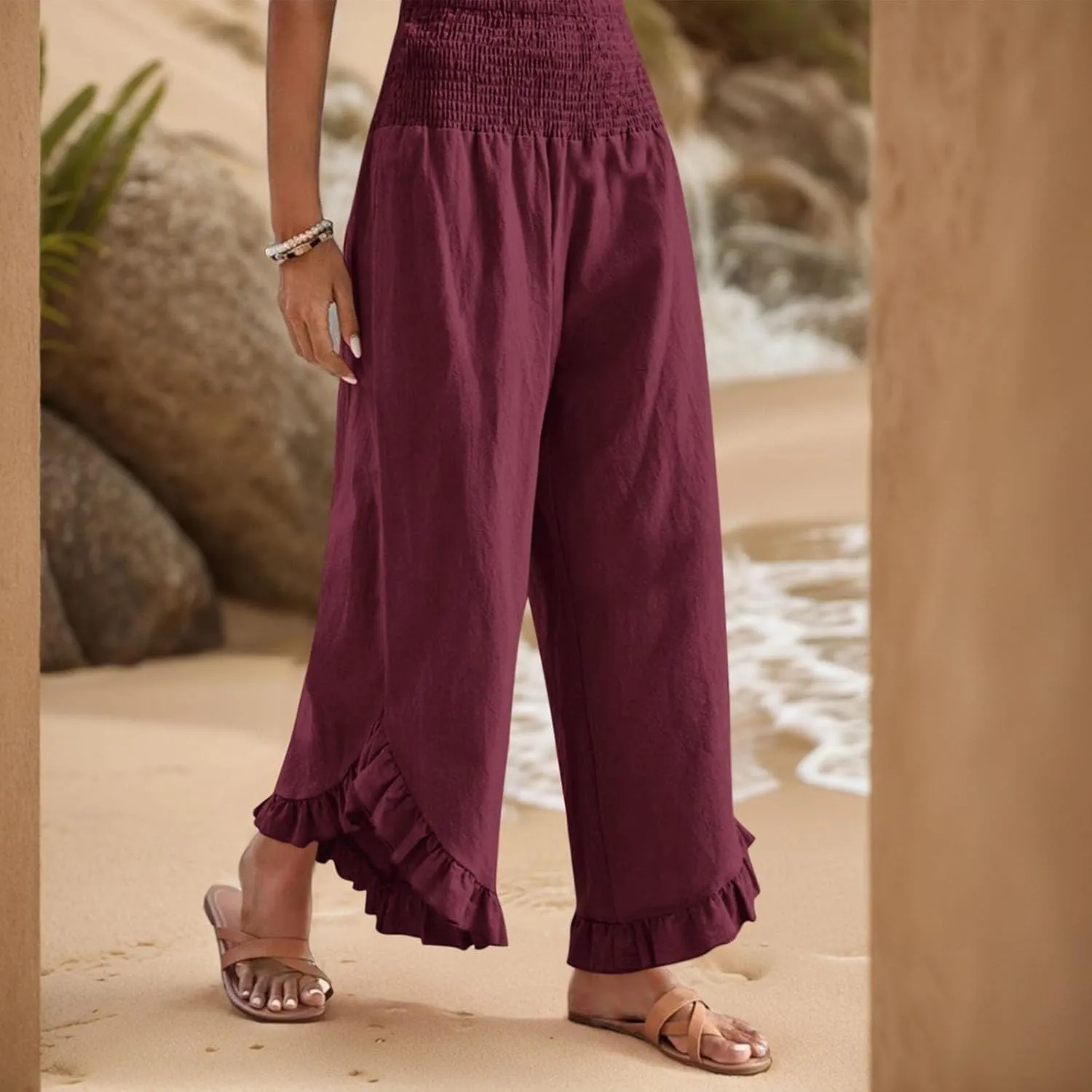 ADHOWBEW Linen Pants for Women Work High Waisted Lounge Plus Size Stretch Cotton Casual Dressy Flowy Pants Bottoms