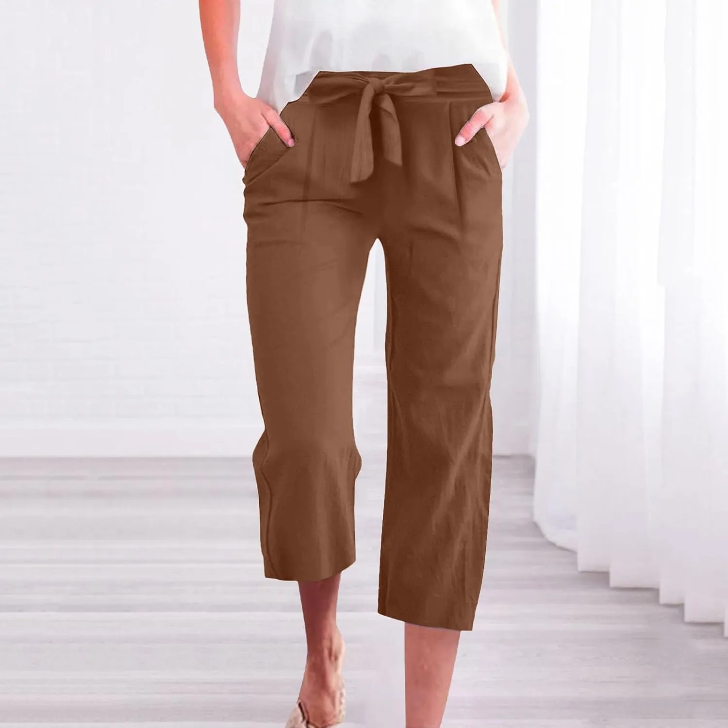 ADHOWBEW Linen Pants Women Stretch Flowy Work Cotton Dressy Petite Plus Size Casual Lounge High Waisted Dress Pants