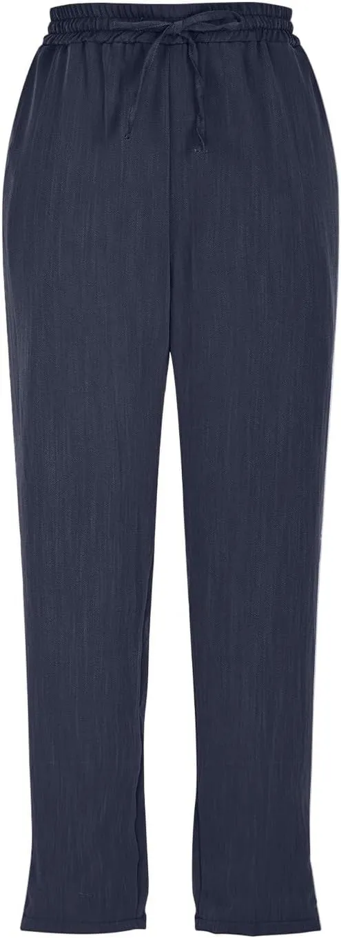 ADHOWBEW Women Capri Pants Cotton Casual Trendy High Waist Summer Comfy Wide Leg Flowy Lounge Bottoms with Pockets