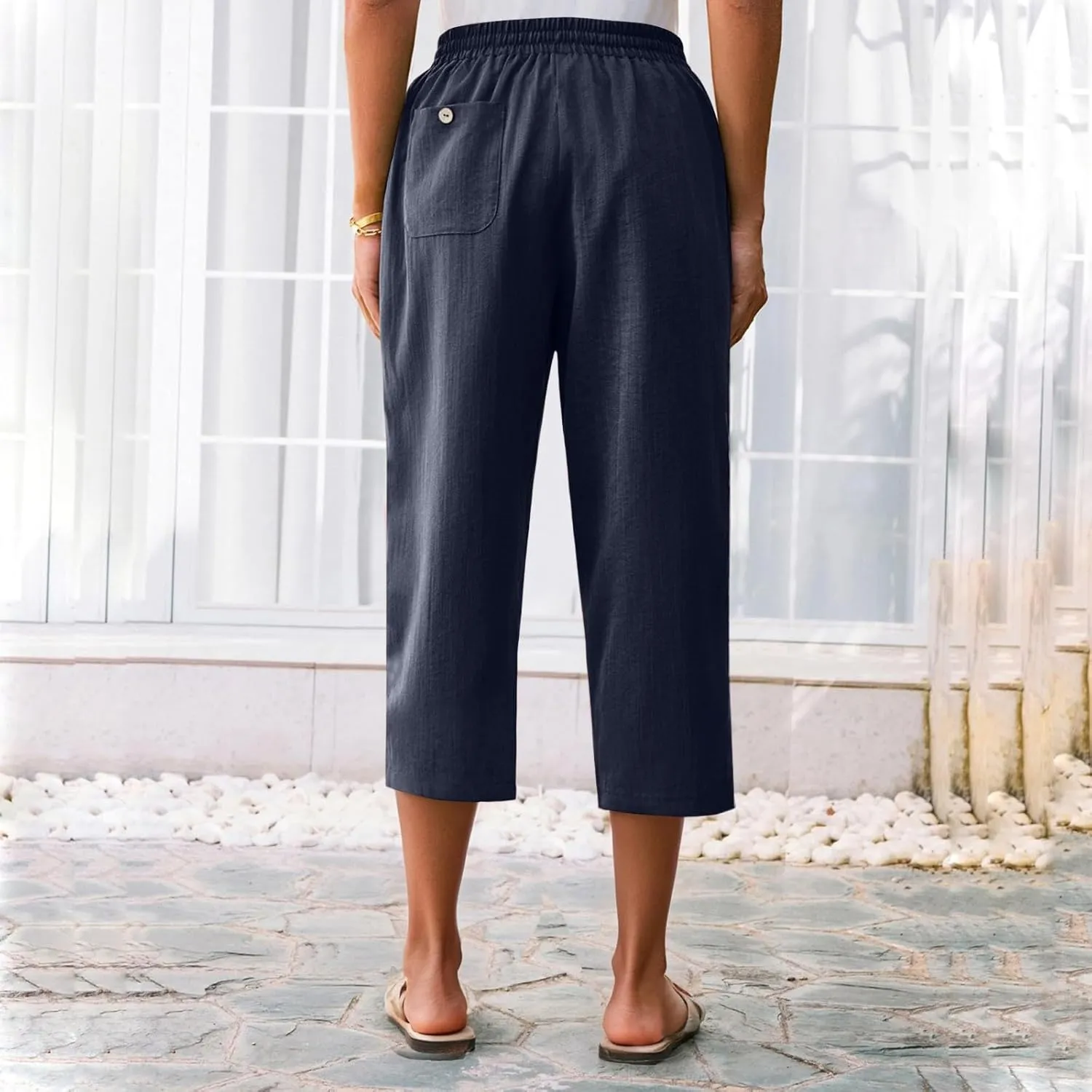 ADHOWBEW Women Capri Pants Cotton Casual Trendy High Waist Summer Comfy Wide Leg Flowy Lounge Bottoms with Pockets