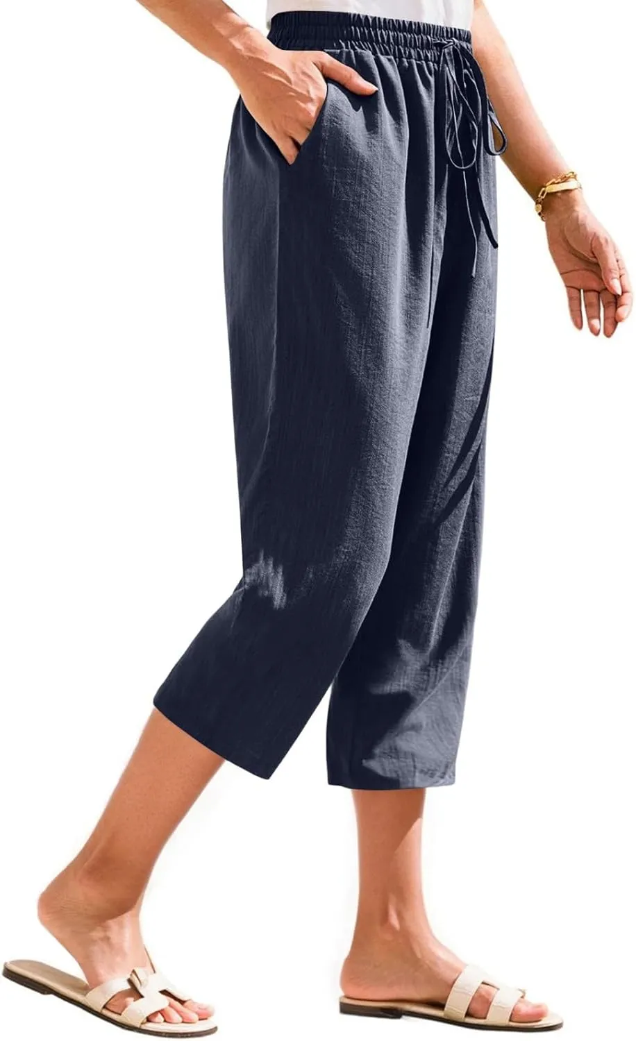 ADHOWBEW Women Capri Pants Cotton Casual Trendy High Waist Summer Comfy Wide Leg Flowy Lounge Bottoms with Pockets