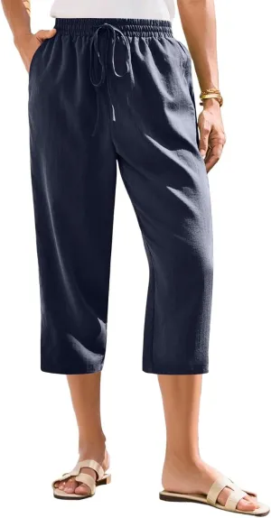 ADHOWBEW Women Capri Pants Cotton Casual Trendy High Waist Summer Comfy Wide Leg Flowy Lounge Bottoms with Pockets