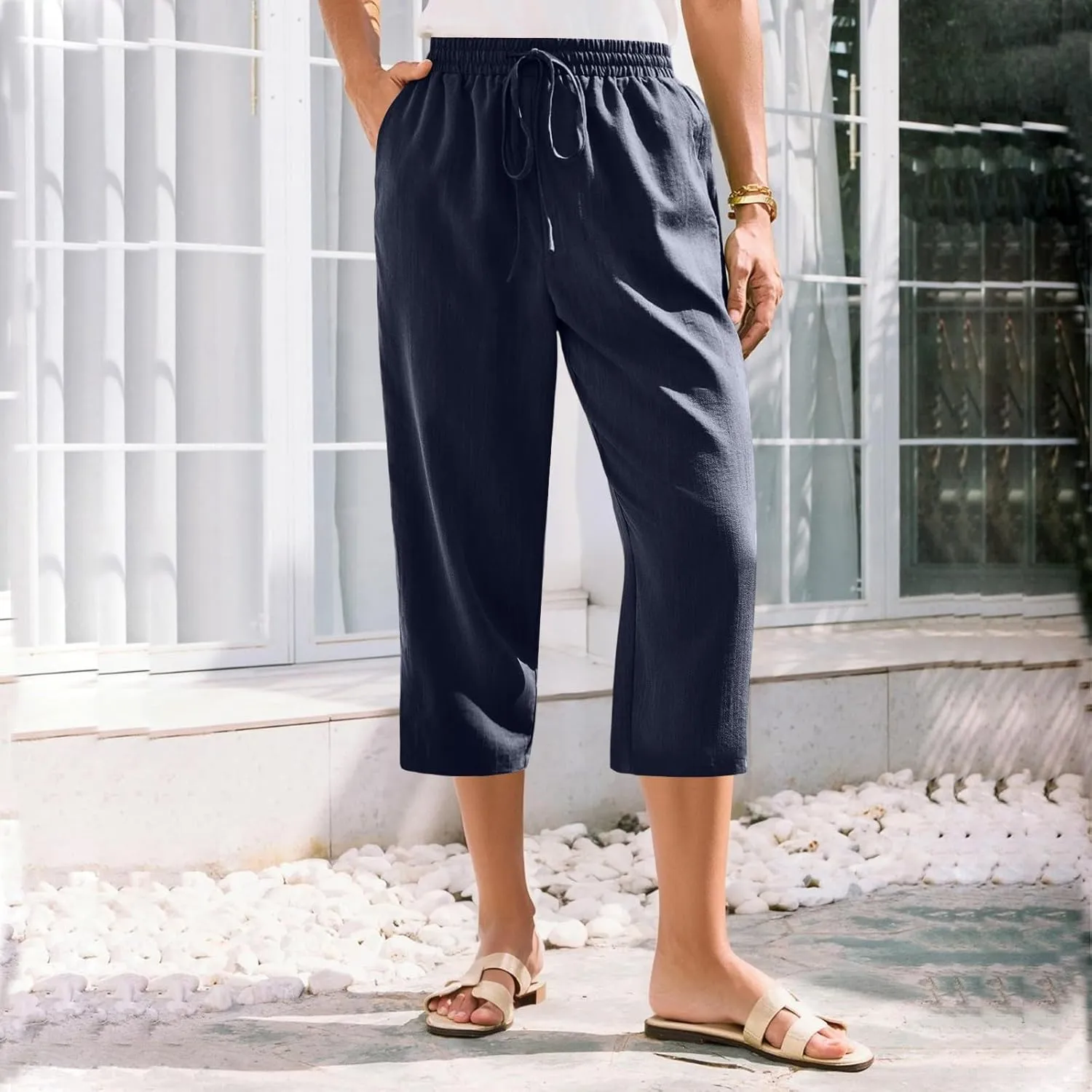 ADHOWBEW Women Capri Pants Cotton Casual Trendy High Waist Summer Comfy Wide Leg Flowy Lounge Bottoms with Pockets