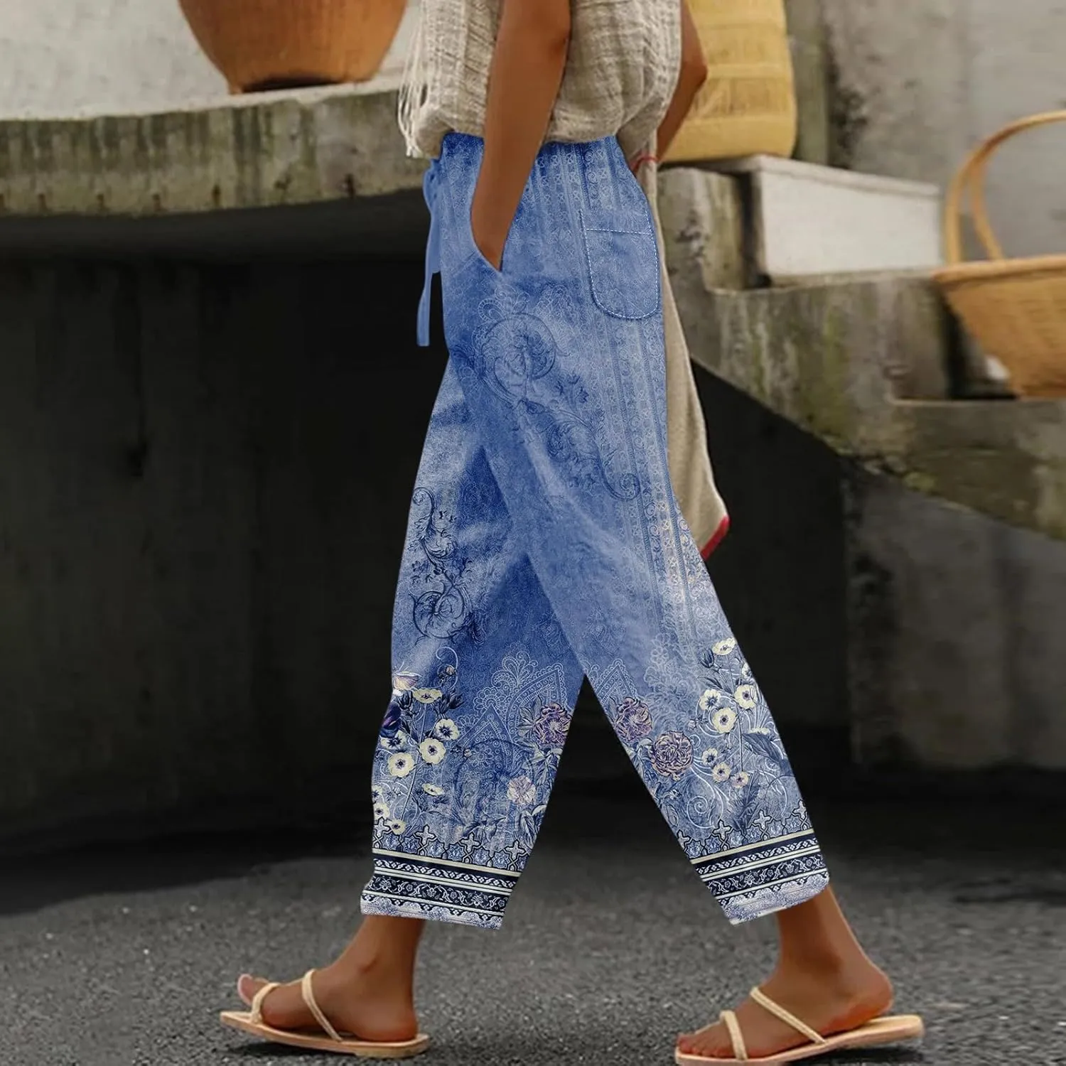 ADHOWBEW Women Linen Pants Plus Size Petite Dressy Cotton Stretch Work Casual Flowy High Waisted Lounge Pants