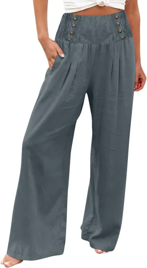 ADHOWBEW Womens Linen Pants Dressy High Waisted Cotton Work Lounge Plus Size Casual Petite Stretch Flowy Pants
