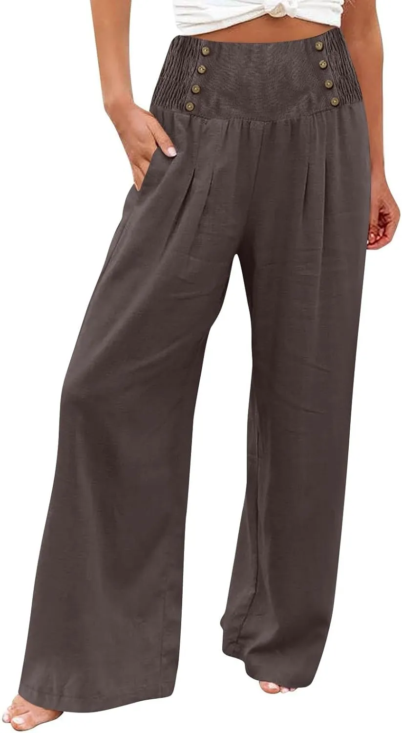 ADHOWBEW Womens Linen Pants Dressy High Waisted Cotton Work Lounge Plus Size Casual Petite Stretch Flowy Pants