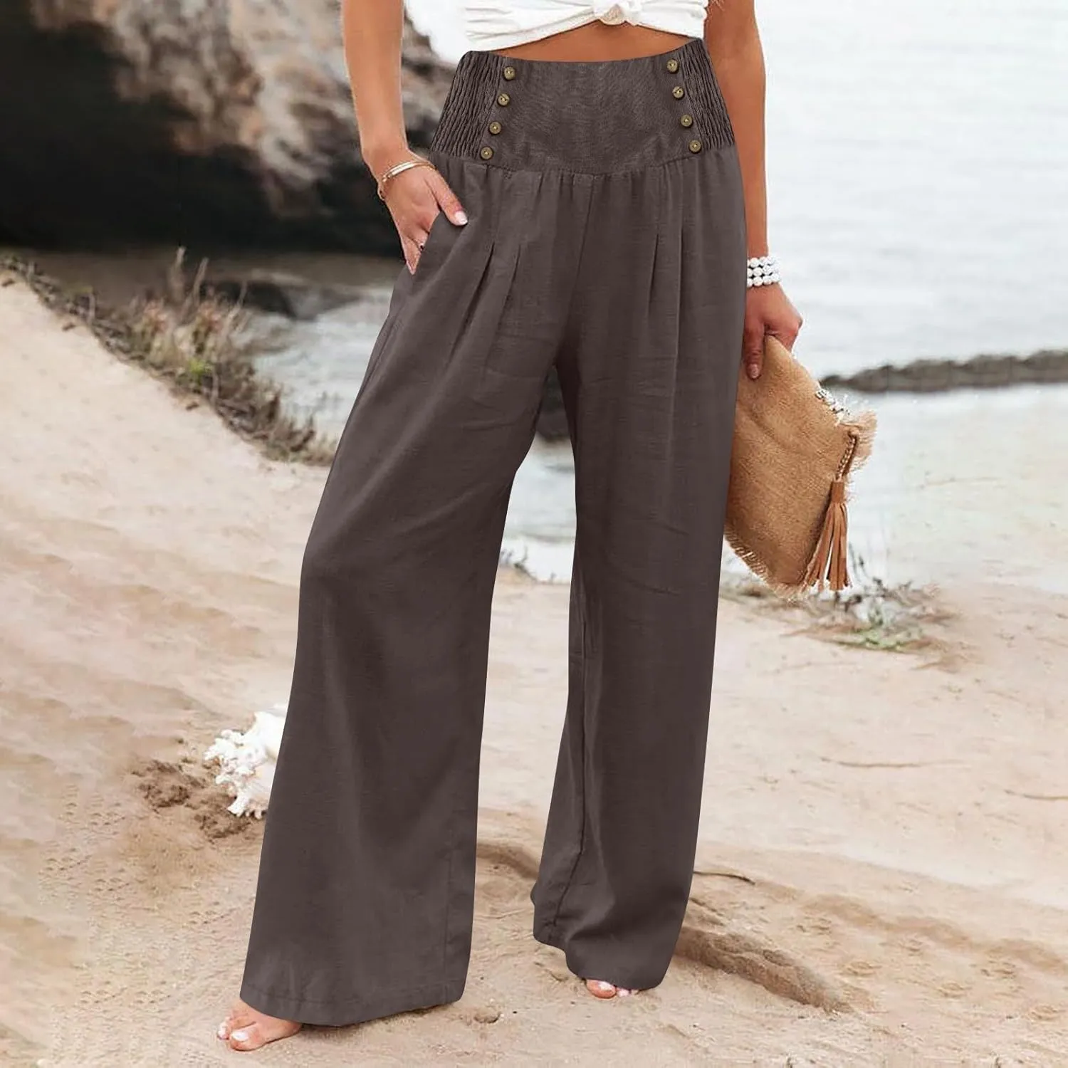 ADHOWBEW Womens Linen Pants Dressy High Waisted Cotton Work Lounge Plus Size Casual Petite Stretch Flowy Pants