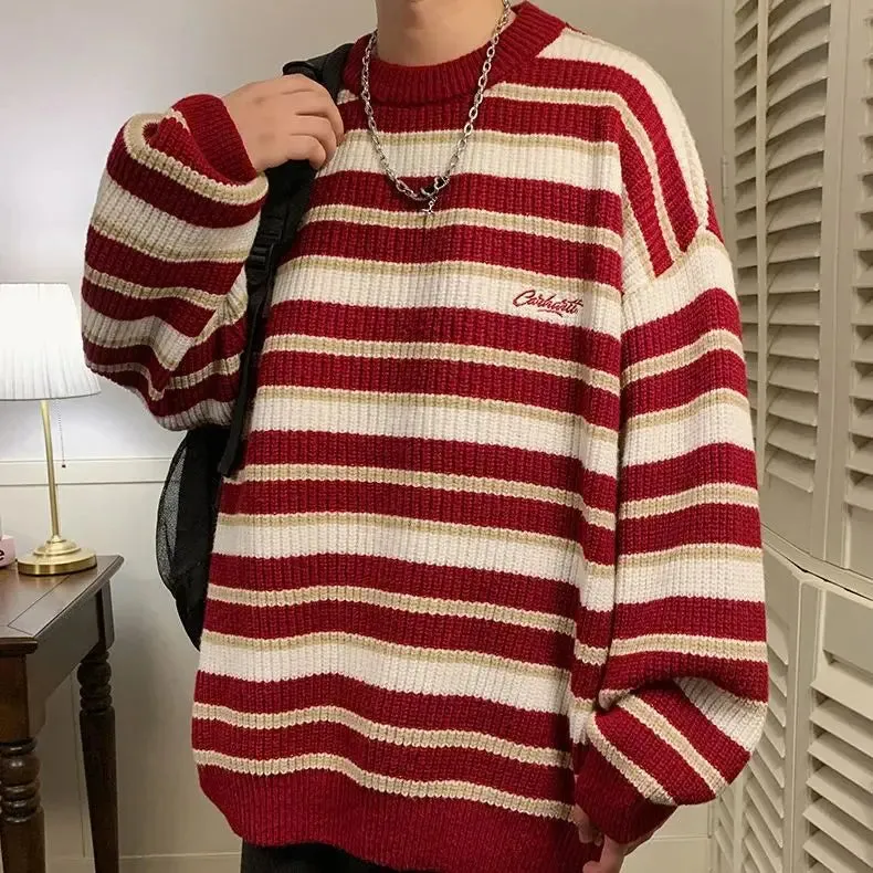 Aidase Lazy Retro Striped Sweater Men Women Autumn Winter Thick Knit Casual Embroidered Knit Pullover Sweater Jacket Couple