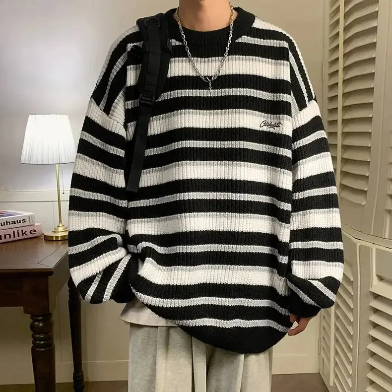 Aidase Lazy Retro Striped Sweater Men Women Autumn Winter Thick Knit Casual Embroidered Knit Pullover Sweater Jacket Couple