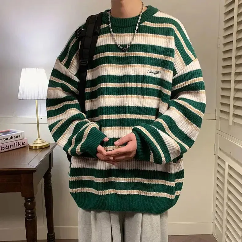 Aidase Lazy Retro Striped Sweater Men Women Autumn Winter Thick Knit Casual Embroidered Knit Pullover Sweater Jacket Couple