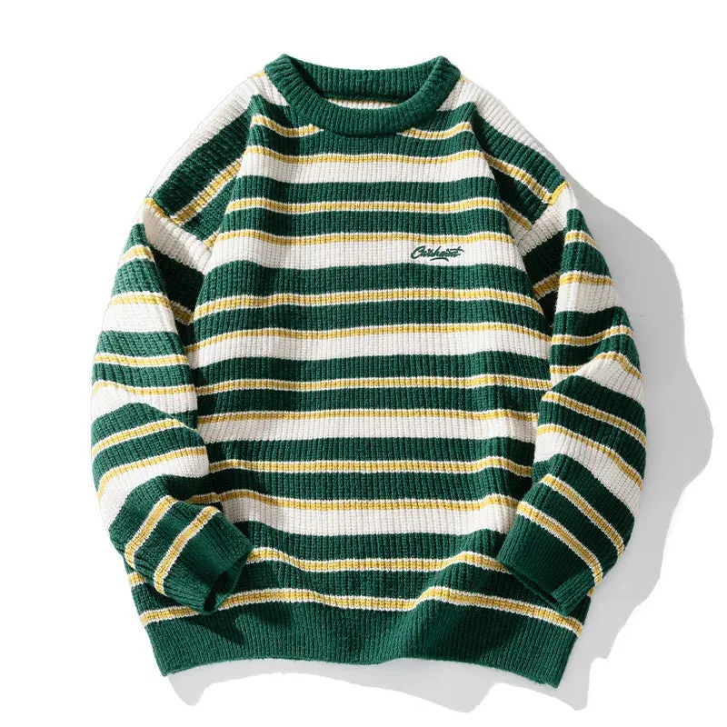 Aidase Lazy Retro Striped Sweater Men Women Autumn Winter Thick Knit Casual Embroidered Knit Pullover Sweater Jacket Couple