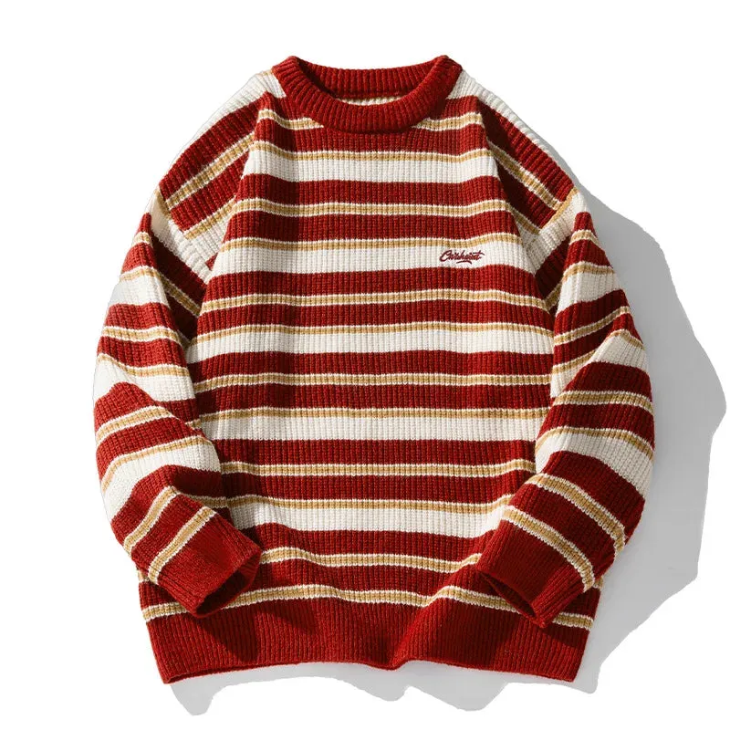Aidase Lazy Retro Striped Sweater Men Women Autumn Winter Thick Knit Casual Embroidered Knit Pullover Sweater Jacket Couple