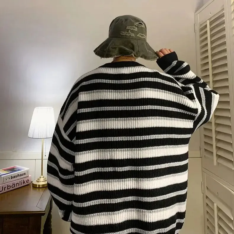 Aidase Lazy Retro Striped Sweater Men Women Autumn Winter Thick Knit Casual Embroidered Knit Pullover Sweater Jacket Couple