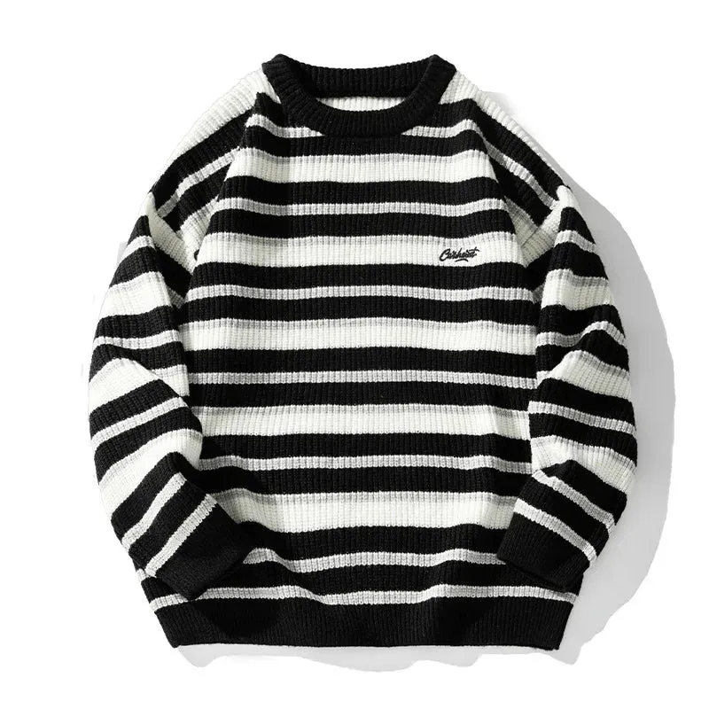 Aidase Lazy Retro Striped Sweater Men Women Autumn Winter Thick Knit Casual Embroidered Knit Pullover Sweater Jacket Couple