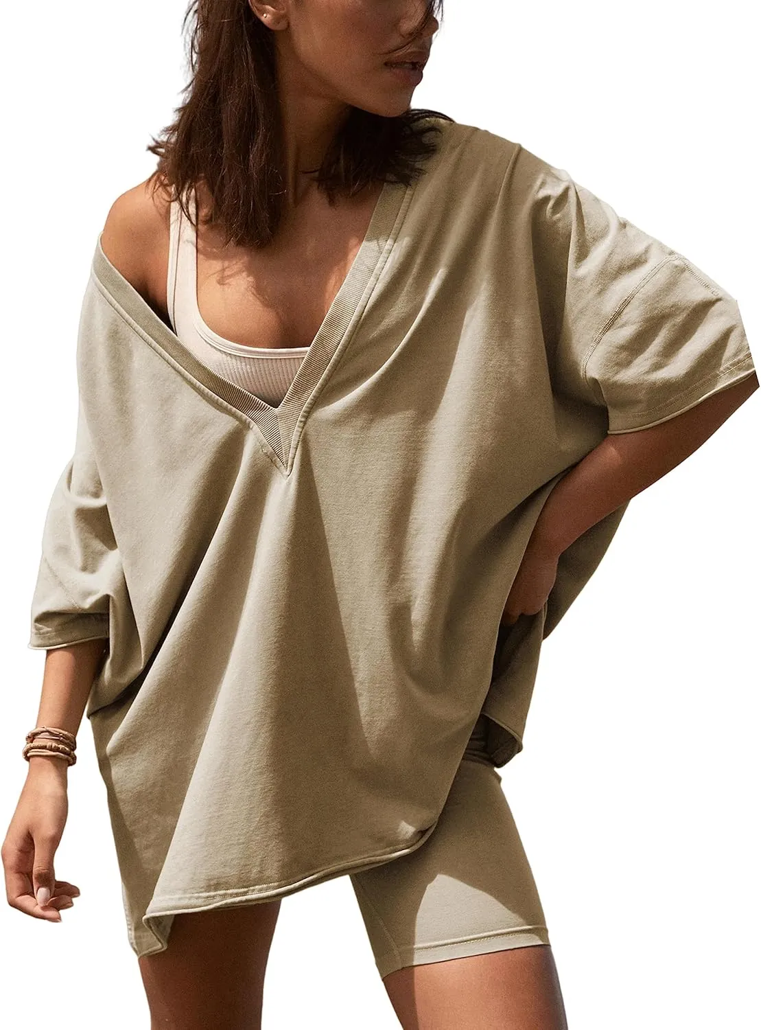 Ailoqing 2 Piece Outfits for Women Summer Oversized V Neck T Shirt Biker Short Sets Hot Shot Reversible Set