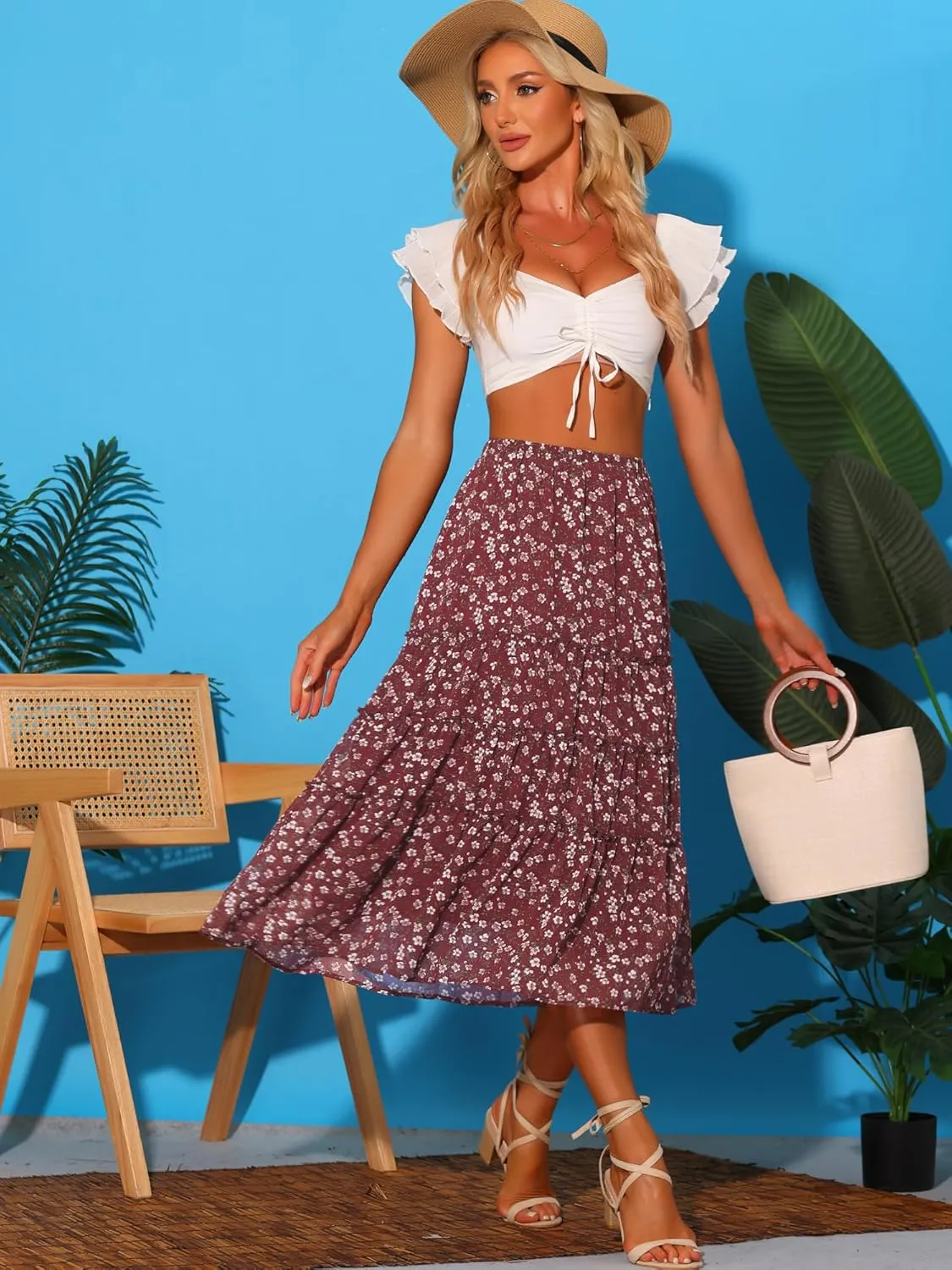 Allegra K Women's Floral Skirts Chiffon A-line Long Tiered Ruffle Boho Midi Skirt XS-3XL