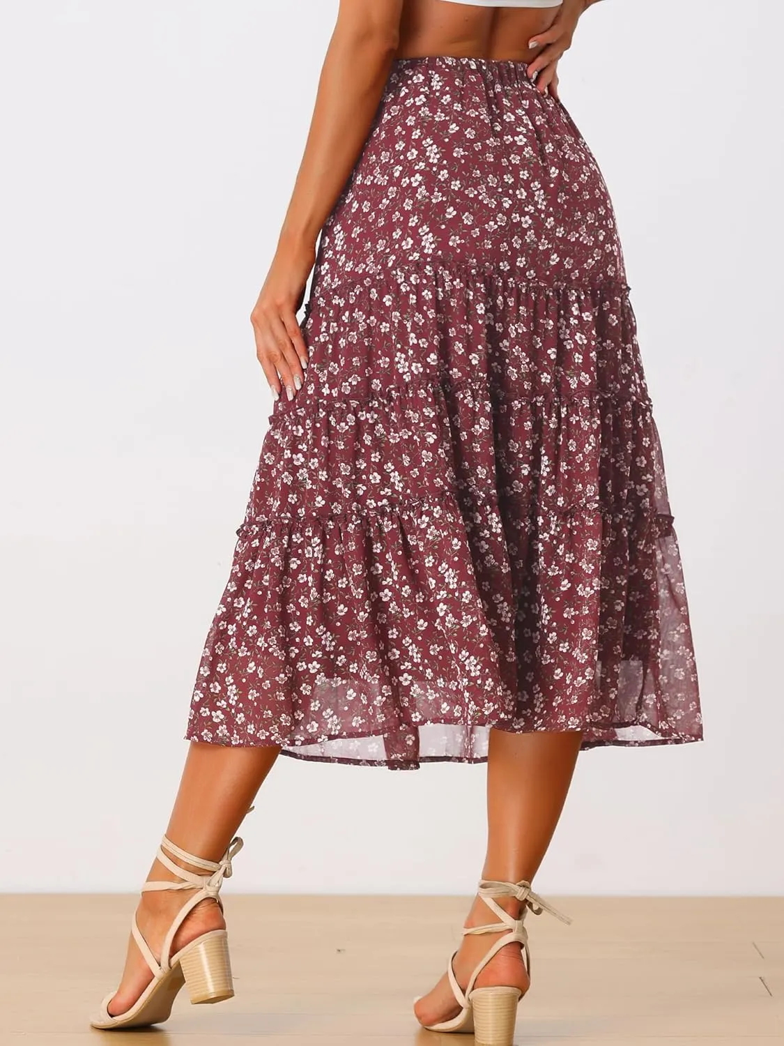 Allegra K Women's Floral Skirts Chiffon A-line Long Tiered Ruffle Boho Midi Skirt XS-3XL
